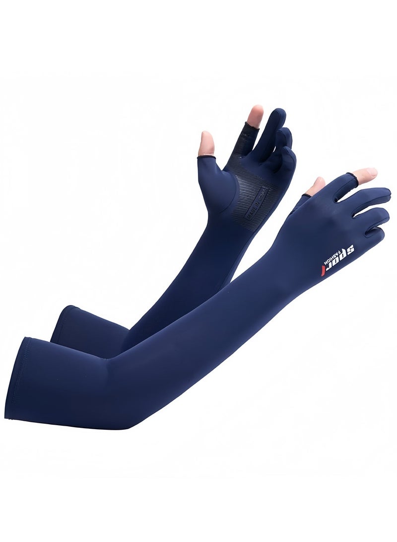 أكمام ذراع للرجال للحماية من الشمس وقفازات للقيادة، وأكمام ذراع وقفازات مدمجة، وأكمام ذراع صيفية من الحرير الجليدي للحماية من الأشعة فوق البنفسجية، مثالية لركوب الدراجات والجولف والقيادة والمشي لمسافات طويلة (أزرق داكن) - Image 1